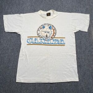 Vintage 90s Canada Wolf Graphic T Shirt Mens Large White Good Time